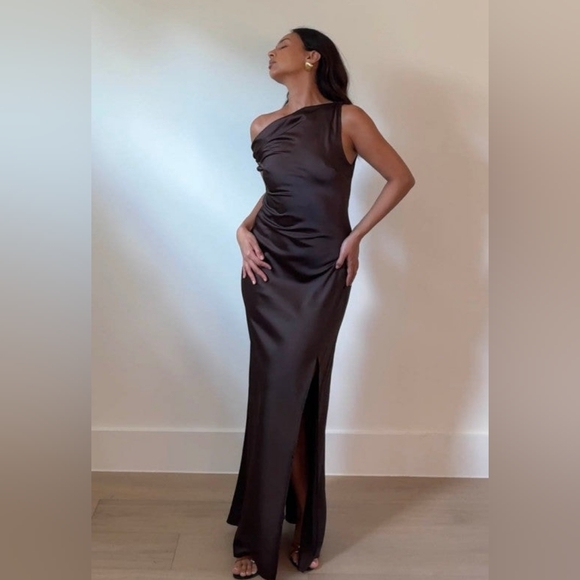 One Shoulder Front Slit Maxi Dress Espresso Brown - Picture 11 of 13